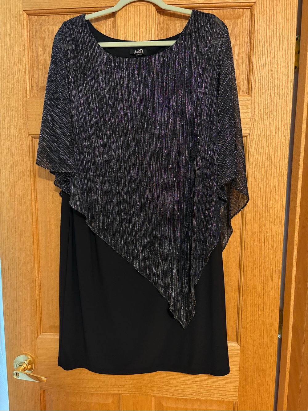 SLNY Black Midi Dress with Shimmery Purple Overlay - Size 16